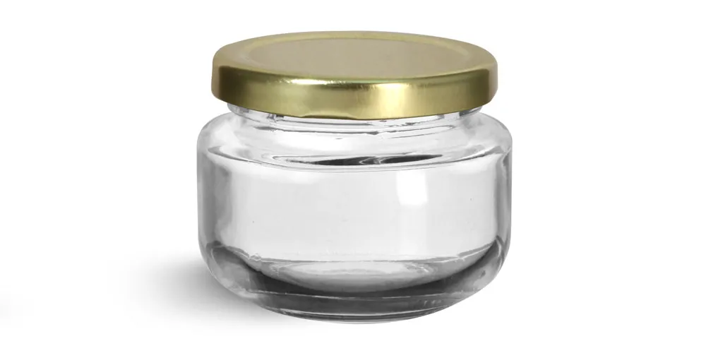 60 ml  Glass Jars, Clear Glass Wide Mouth Jars w/ Gold Metal Plastisol Lined Lug Caps