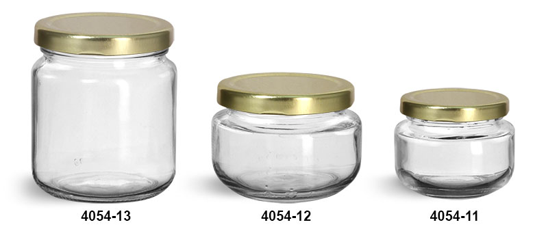 Clear Glass Jars, Clear Glass Wide Mouth Jars w/ Gold Metal Plastisol Lined Lug Caps