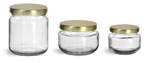 Clear Glass Wide Mouth Jars w/ Gold Metal Plastisol Lined Lug Caps 