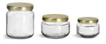 Clear Glass Jars, Clear Glass Wide Mouth Jars w/ Gold Metal Plastisol Lined Lug Caps