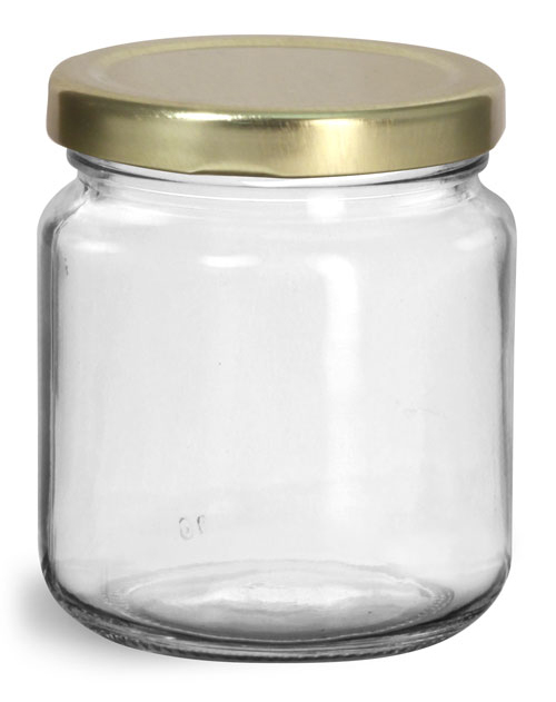 
200 ml Clear Glass Wide Mouth Jars w/ Gold Metal Plastisol Lined Lug Caps