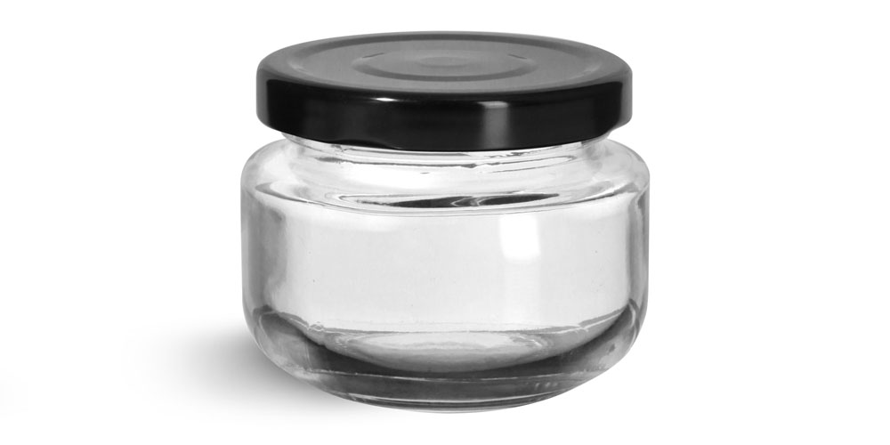 60 ML GLASS JARS, CLEAR GLASS WIDE MOUTH JARS W/ BLACK METAL PLASTISOL LINED LUG CAPS
