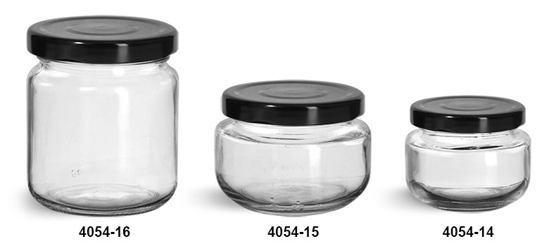 Clear Glass Jars, Clear Glass Wide Mouth Jars w/ Black Metal Plastisol Lined Lug Caps
