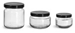 Clear Glass Wide Mouth Jars w/ Black Metal Plastisol Lined Lug Caps