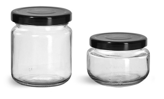 Clear Glass Jars, Clear Glass Wide Mouth Jars w/ Black Metal Plastisol Lined Lug Caps