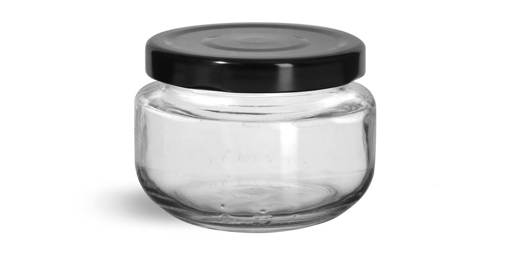 140 ml  Glass Jars, Clear Glass Wide Mouth Jars w/ Black Metal Plastisol Lined Lug Caps
