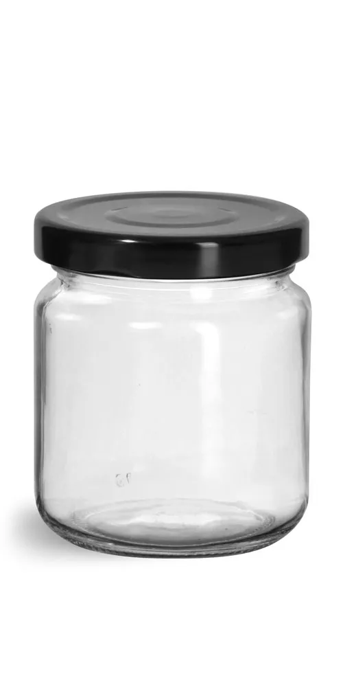 6 oz Glass Jars, Clear Glass Paragon Jars w/ Black Ps 113 Lined Spice Caps