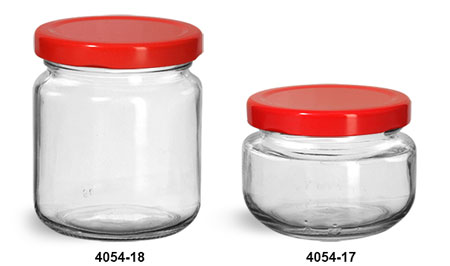 Clear Glass Jars, Clear Glass Wide Mouth Jars w/ Red Metal Plastisol Lined Lug Caps