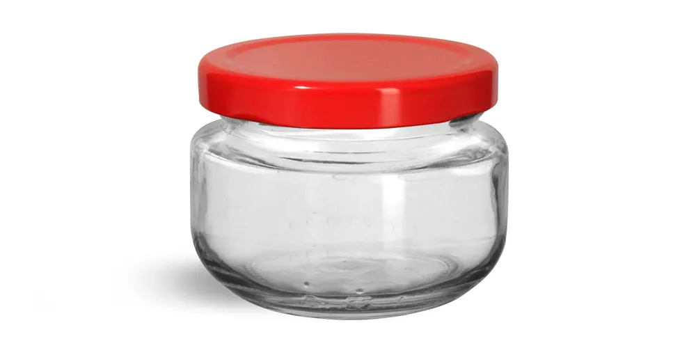 140 ml Glass Jars, Clear Glass Wide Mouth Jars w/ Red Metal Plastisol Lined Lug Caps