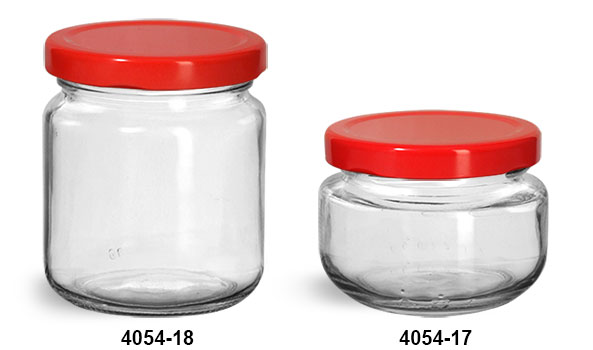 Clear Glass Jars, Clear Glass Wide Mouth Jars w/ Red Metal Plastisol Lined Lug Caps