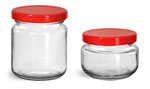 Clear Glass Wide Mouth Jars w/ Red Metal Plastisol Lined Lug Caps