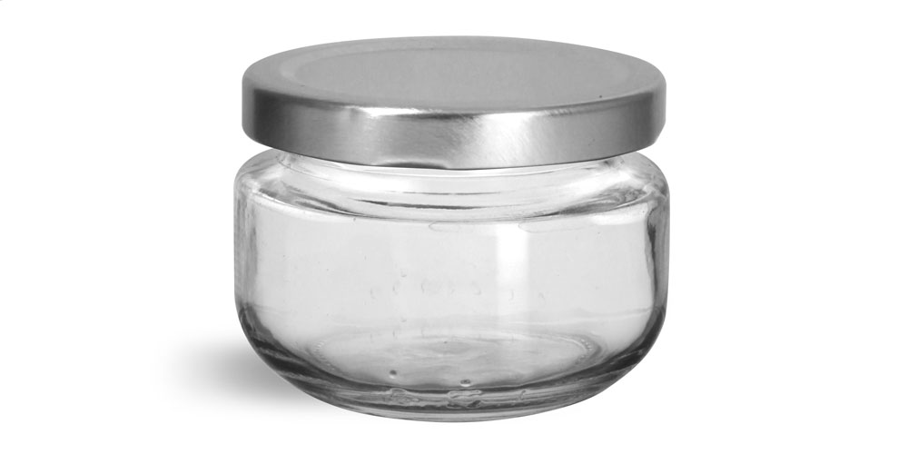 140 ml Glass Jars, Clear Glass Wide Mouth Jars w/ Silver Metal Plastisol Lined Caps