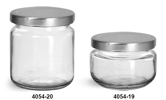Clear Glass Wide Mouth Jars w/ Silver Metal Plastisol Lined Caps