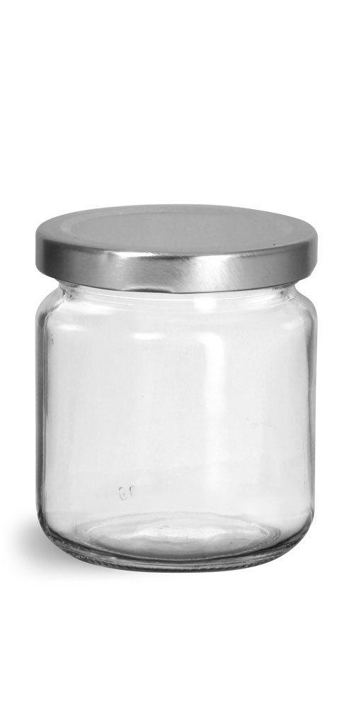 200 ml Glass Jars, Clear Glass Wide Mouth Jars w/ Silver Metal Plastisol Lined Caps