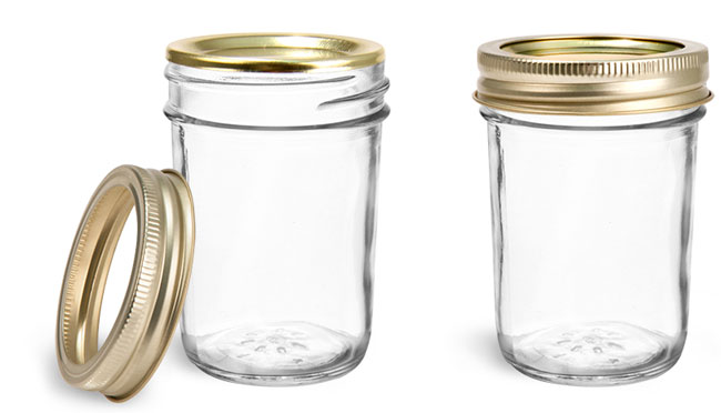 Clear Glass Jars, Clear Glass Jelly Jars w/ Gold Two Piece Canning Lids