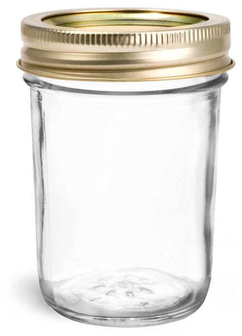 8 oz Glass Jars, Clear Glass Jelly Jars w/ Gold Two Piece Canning Lids