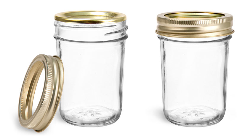 Clear Glass Jars, Clear Glass Jelly Jars w/ Gold Two Piece Canning Lids