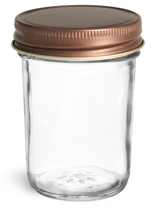 8 oz Glass Jars, Clear Glass Jelly Jars w/ Rustic Bronze Unlined Metal Caps