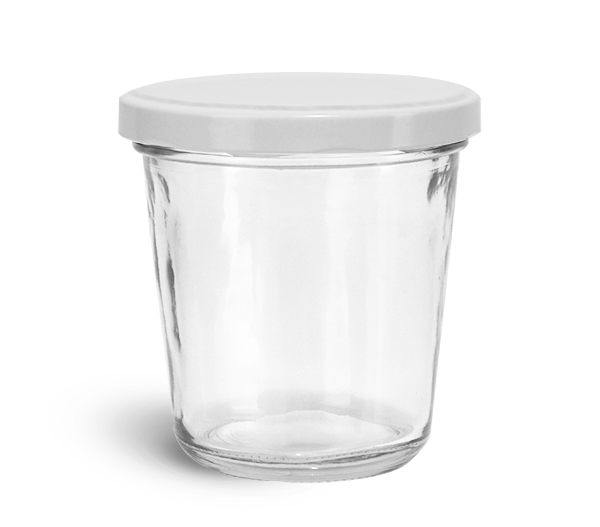 Clear Glass Jars, 10 oz Clear Glass Tapered Wide Mouth Jars w/ White Metal Lug Caps