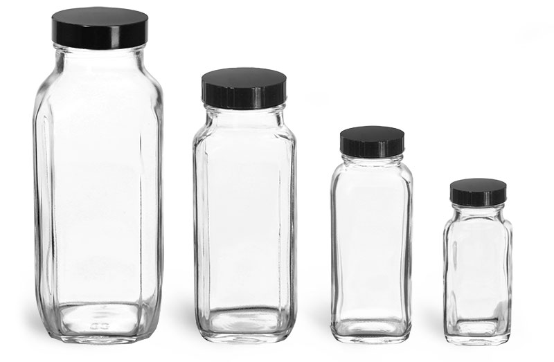 16 oz * Clear Glass French Square Bottles w/ Black Phenolic Cone Lined Caps