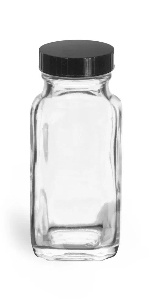 2 oz Clear Glass French Square Bottles w/ Black Phenolic Cone Lined Caps
