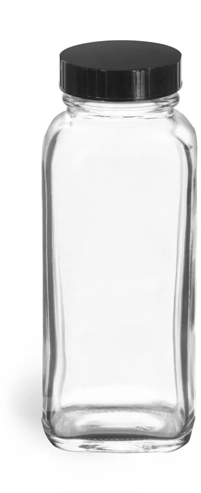 Clear French Square Glass Bottles w/ Black Phenolic Cone Lined Caps