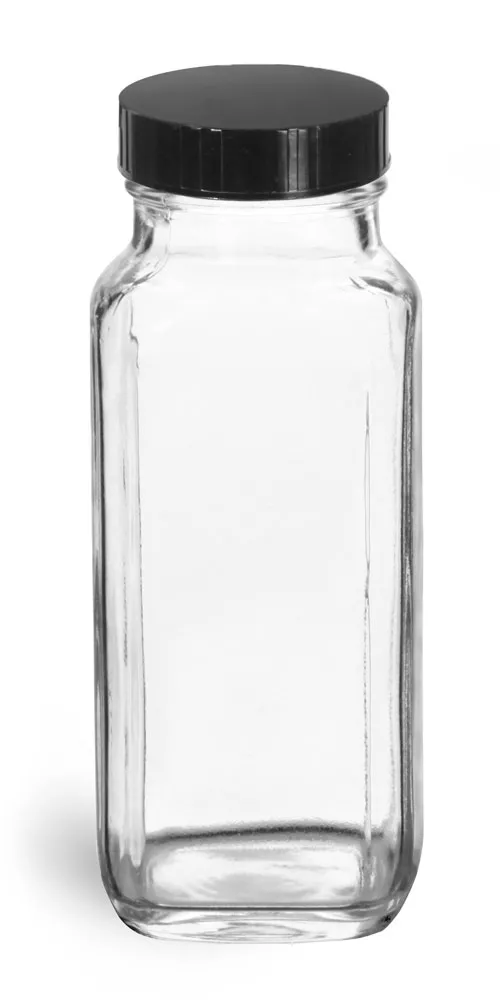 8 oz * Clear Glass French Square Bottles w/ Black Phenolic Cone Lined Caps