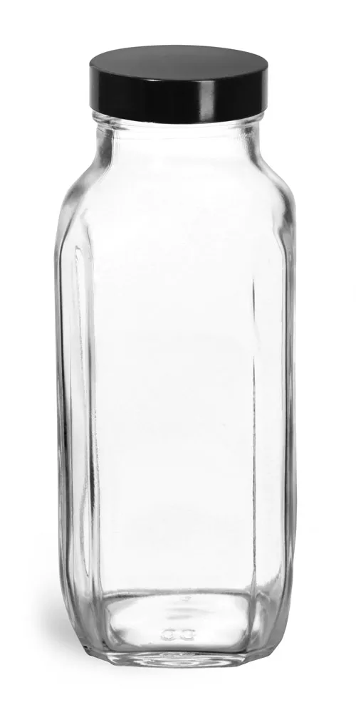 16 oz * Clear Glass French Square Bottles w/ Black Phenolic Cone Lined Caps