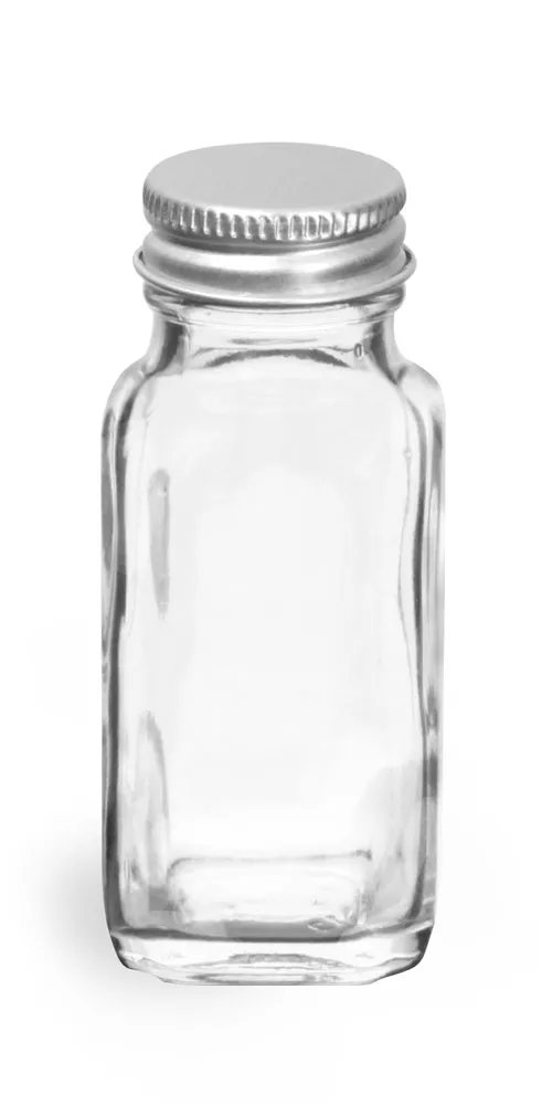 2 oz           Clear Glass French Square Bottles w/ Lined Aluminum Caps