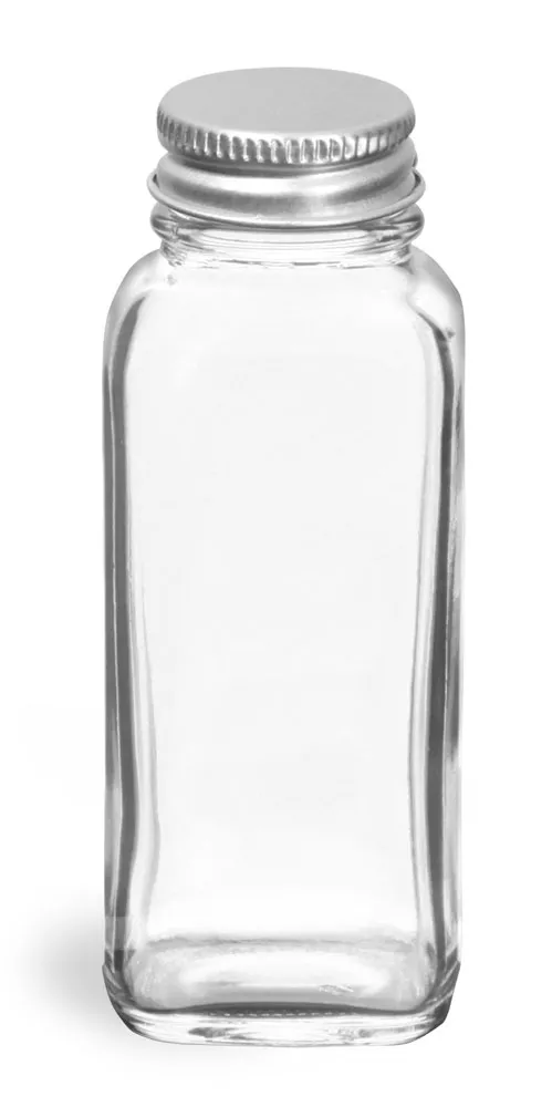 4 oz           Clear Glass French Square Bottles w/ Lined Aluminum Caps