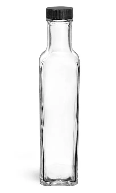 Glass Bottles, Clear Marasca Square Glass Bottles w/ Black Ribbed Lined Caps