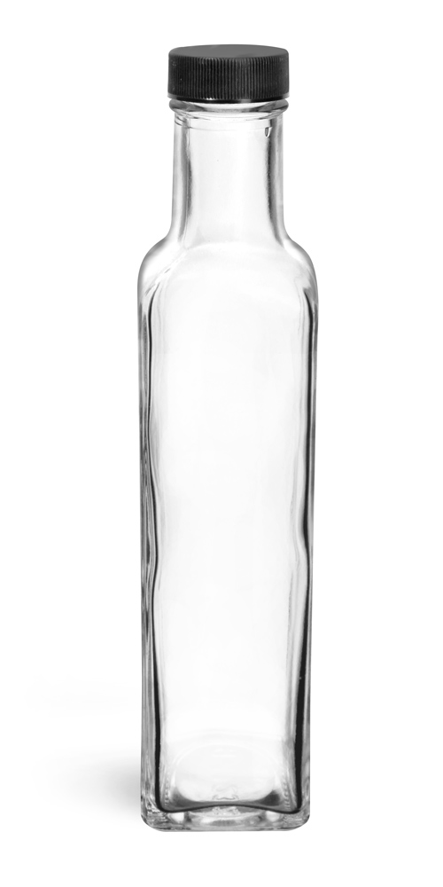 250 ml Clear Glass Marasca Square Bottles w/ Black Ribbed Lined Caps