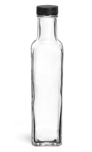 Glass Bottles, 250 ml Clear Marasca Square Glass Bottles w/ Black Ribbed Lined Caps
