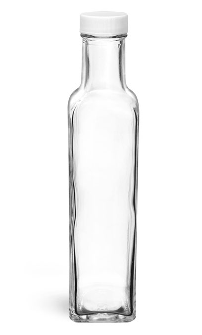 Glass Bottles, Clear Square Glass Bottles w/ White Ribbed Lined Caps