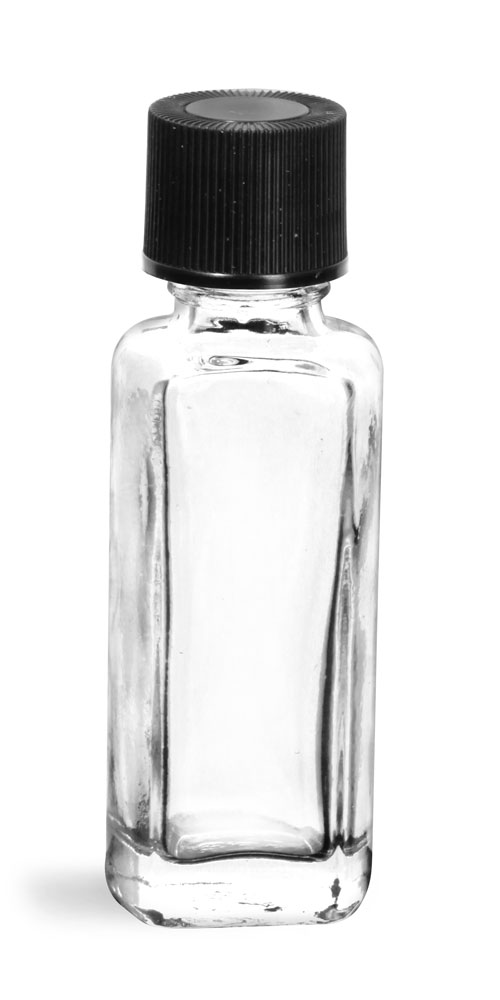 1/4 oz w/ Black Ribbed Caps Clear Glass Sample Bottles w/ Black Ribbed Caps