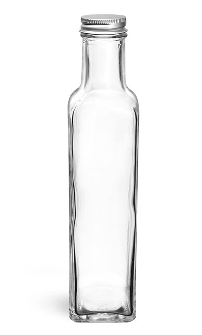 Glass Bottles, 250 ml Clear Marasca Square Glass Bottles w/ Aluminum PE Lined Caps