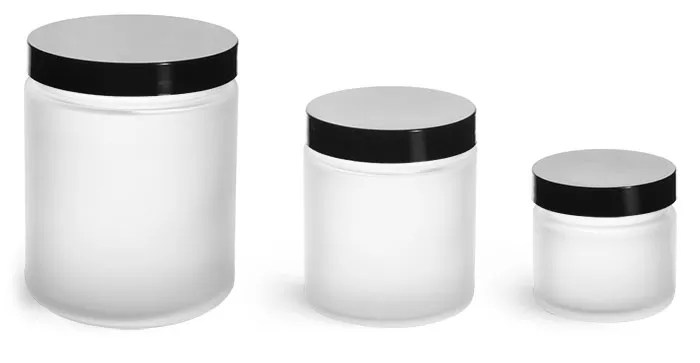 Glass Jars, Frosted Glass Jars w/ Smooth Black Lined Caps
