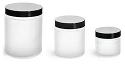 Frosted Glass Straight Sided Jars w/ Smooth Black Lined Caps
