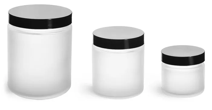 Frosted Glass Straight Sided Jars w/ Smooth Black Lined Caps