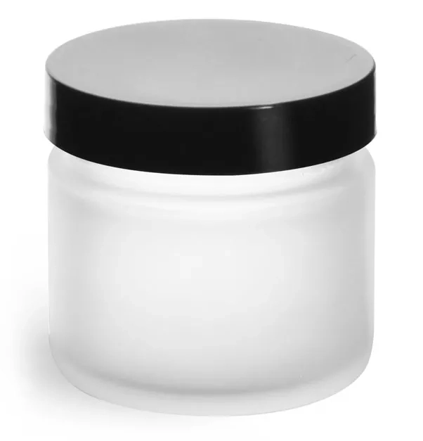 2 oz Frosted Glass Straight Sided Jars w/ Smooth Black Lined Caps