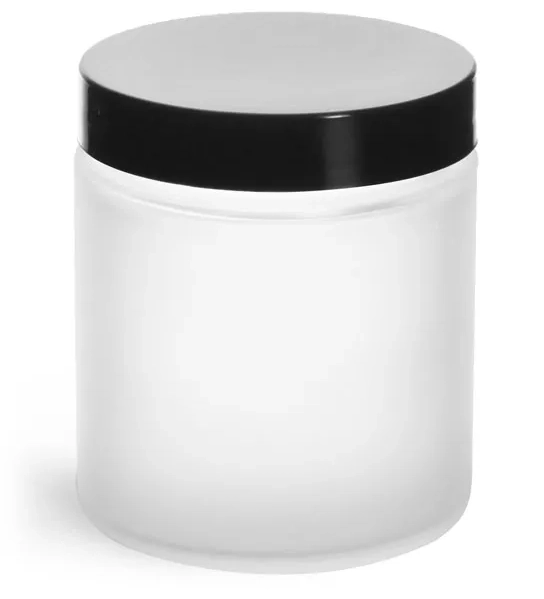 4 oz Frosted Glass Straight Sided Jars w/ Smooth Black Lined Caps