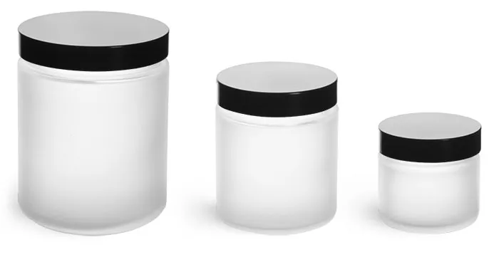 Frosted Glass Straight Sided Jars w/ Black Phenolic Caps
