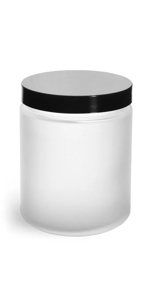 8 oz Frosted Glass Straight Sided Jars w/ Smooth Black Lined Caps