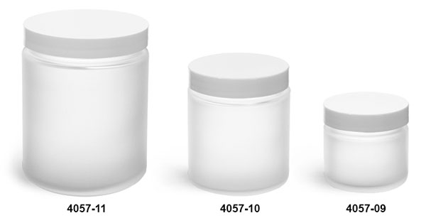 Glass Jars, Frosted Glass Straight Sided Jars w/ Smooth White Lined Caps