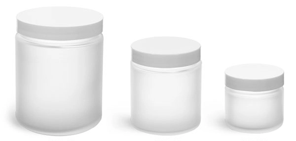 Frosted Glass Straight Sided Jars w/ Smooth White Lined Caps