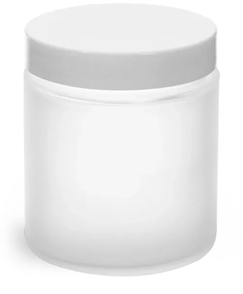 4 oz Frosted Glass Straight Sided Jars w/ White Lined Caps