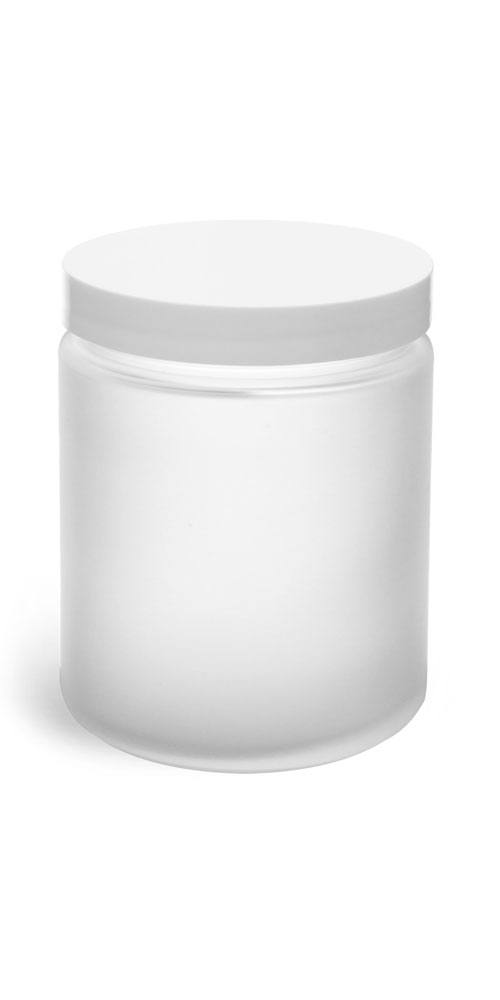 8 oz Frosted Glass Straight Sided Jars w/ White Lined Caps