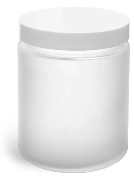 8 oz Frosted Glass Straight Sided Jars w/ White Lined Caps