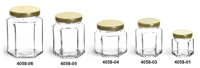 Clear Glass Jars, Clear Glass Hexagon Jars w/ Gold Lug Caps