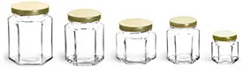 Clear Glass Jars, Clear Glass Hexagon Jars w/ Gold Lug Caps